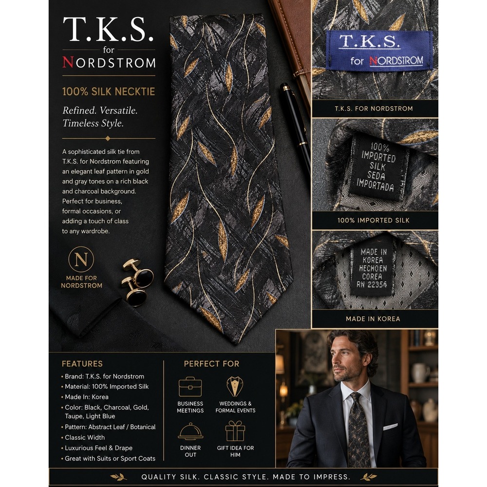T.K.S. for Nordstrom Men's 100% Silk Tie Black Gray Gold Abstract Made in Korea